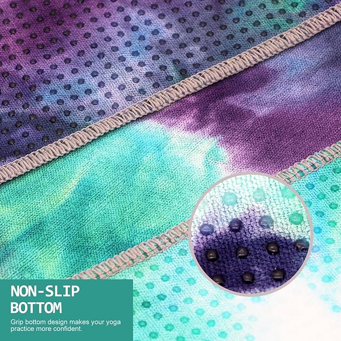Eunzel Yoga Towel,Hot Yoga Mat Towel with Grip Dots Sweat Absorbent Non-Slip for Hot Yoga, Pilates and Workout 24" x72", Green & Purple-FlexoryFit
