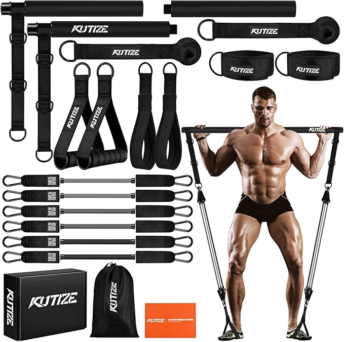 Pilates Bar Kit with Resistance Bands, Heavy Duty Pilates Equipment for Men, Strength Training Bar for Legs, Hip, Back, Arm, Abs, Chest, Shoulders, Portable Home Gym Full Body Workout Equipment-FlexoryFit