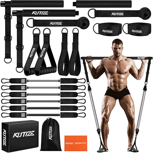 Pilates Bar Kit with Resistance Bands, Heavy Duty Pilates Equipment for Men, Strength Training Bar for Legs, Hip, Back, Arm, Abs, Chest, Shoulders, Portable Home Gym Full Body Workout Equipment-FlexoryFit