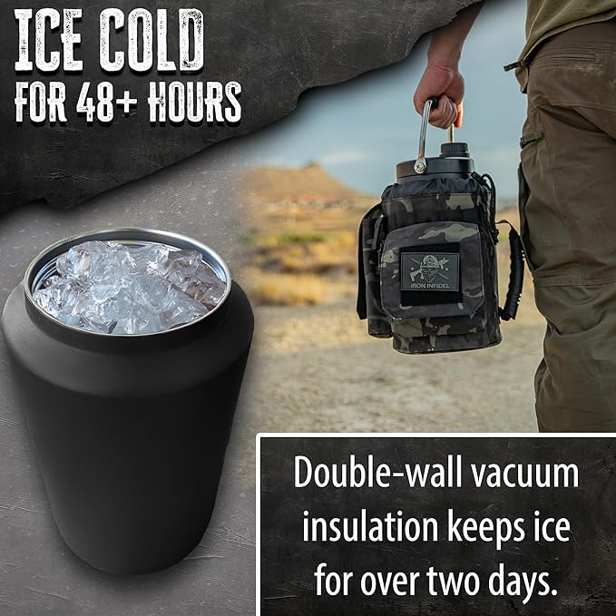 Iron Infidel Battle Bottle - One Gallon Insulated Water Bottle with Dual Carry Handles - 128 oz Tactical Stainless Steel Water Jug & Rugged Extra Large Sleeve With Storage (Black Camo 128 Ounces)-FlexoryFit