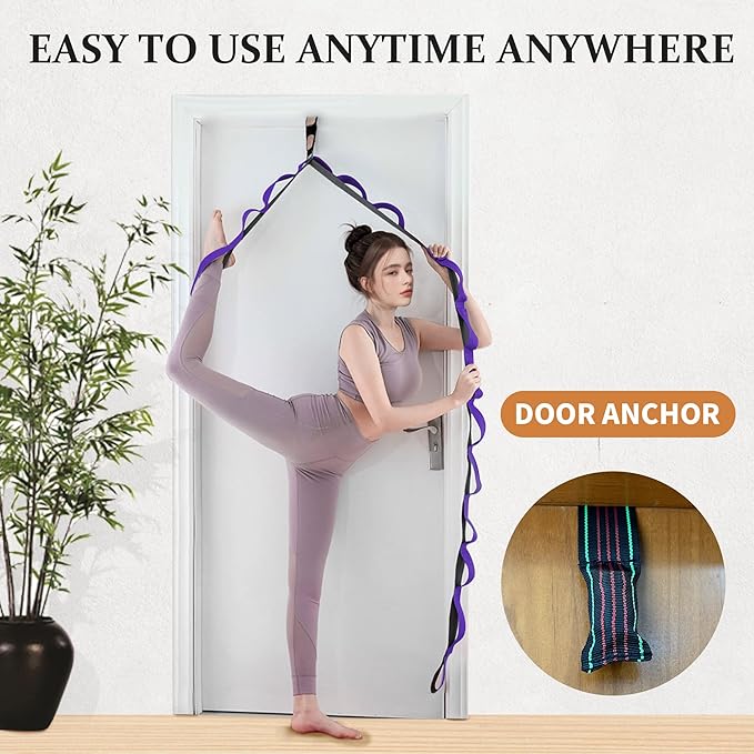 Stretching Strap Yoga Strap, 10 Loops Non-Elastic Stretch Bands Helps Women and Men Improve Flexibility for Home Workout, Physical Therapy, Pilates, Exercise, Dance, Comes with Door Anchor-FlexoryFit