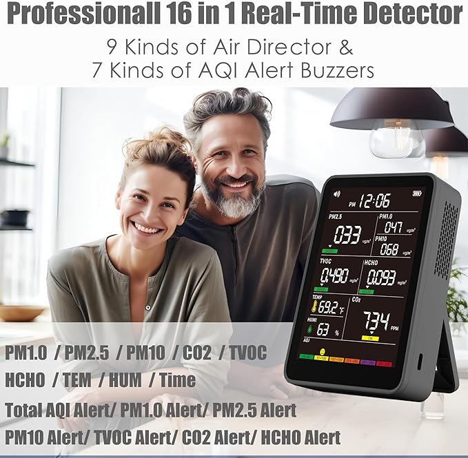 Professional Indoor Air Quality Monitor with AQI Beep Alarms, Portable Real-Time Detector for Home Cars Plants and Pets