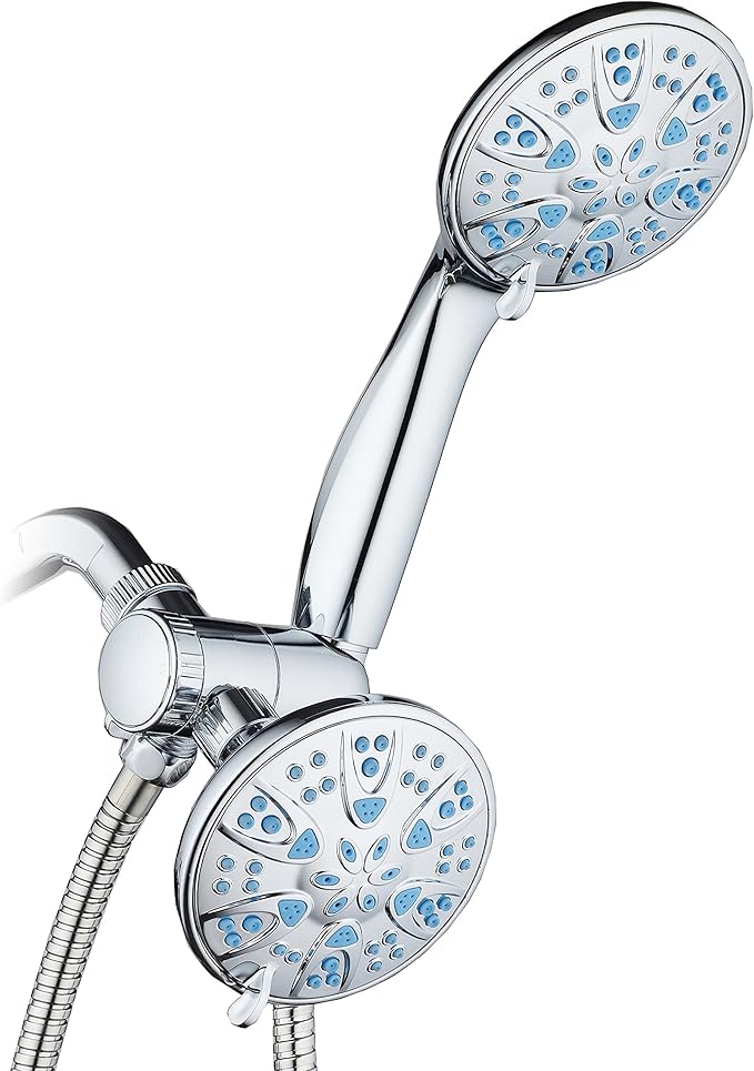 AquaDance Antimicrobial/Anti-Clog High-Pressure 30-setting Dual Head Combination Shower with Microban Nozzle Protection From Growth of Mold, Mildew & Bacteria for a Healthier Shower – Aqua Blue