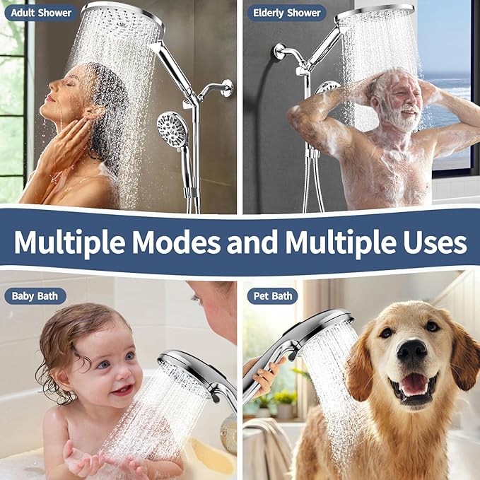 KAIYING Dual Shower Heads with Handheld Spray Combo, High Pressure Modern Rain Shower Head with 9-Mode Handheld Showerhead, Double Rainfall Shower Head with 79-Inch Stainless Steel Hose (Chrome)