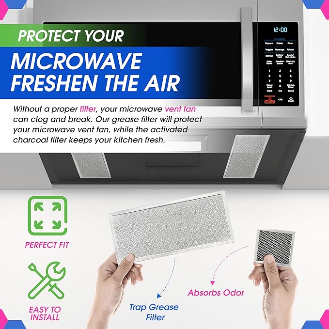 Bagean Grease Microwave Vent Filter W10208631A and Charcoal 8206230A Whirlpool Microwave Filter Replacement Combo Pack - Aluminum Mesh and Carbon Filters Refresh The Kitchen Stove Oven Air (2-Sets)