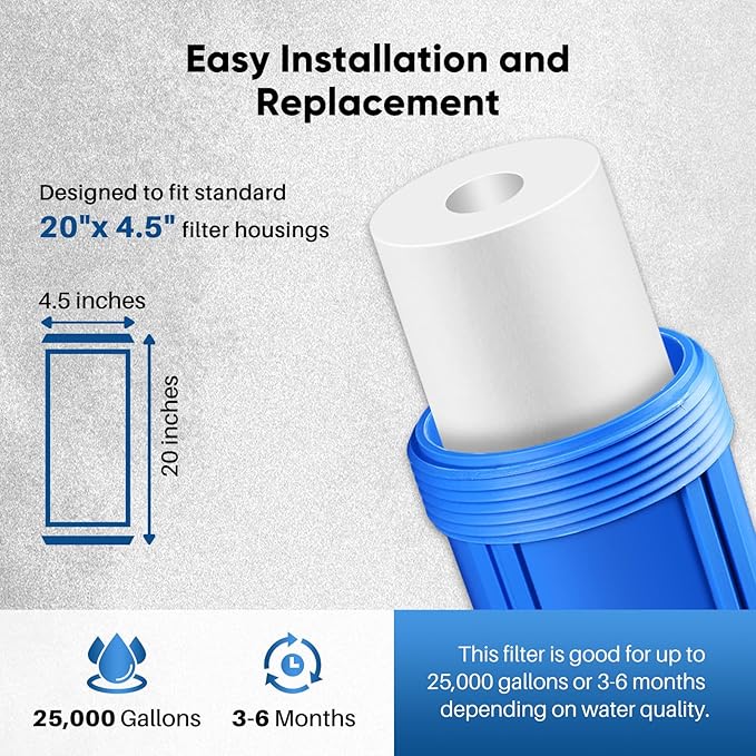 PUREPLUS 1 Micron 20" x 4.5" Whole House Sediment Home Water Filter Replacement Cartridge, Compatible with DGD-5005-20, AP810-2, P5-20BB, FP25B, FPMB5-20, 155358-43, SDC-45-2005, 4 Pack