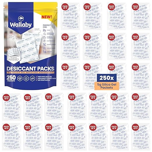 Wallaby 5 gram (250 Packets) Food Safe Pure White Silica Gel Desiccant Dehumidifier Packs - Rechargeable & Coated Moisture Absorbers - Protects Against Moisture Damage - (Packed in 50x Sets of 5)