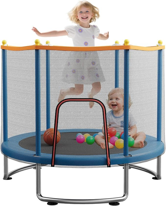 Kids Trampoline with Safety Net – 440lbs Capacity, Upgraded Rust-Proof Ring Legs, Adjustable Gymnastics Bar & Toys – Indoor Outdoor Toddler Trampoline for Boys & Girls Ages 1-8-FlexoryFit