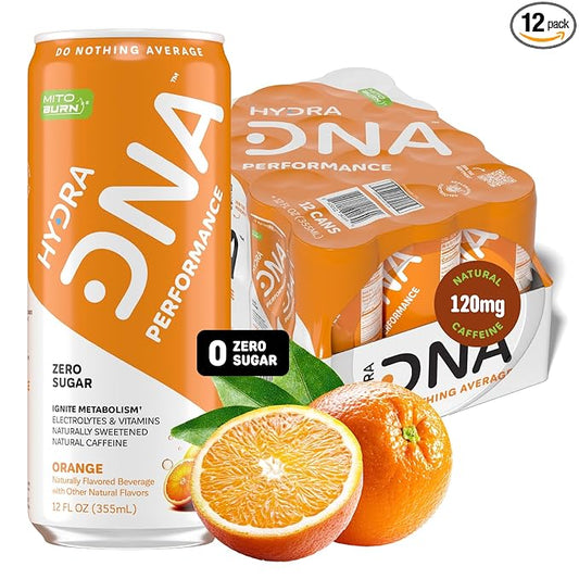HYDRADNA- Clean Performance Drink, Zero Sugar | For Natural Fuel, Alertness, Boost, Stamina,120 mg Organic Caffeine, Natural Flavors, Zero Sucralose, Clean Ingredients (12 Pack) (12 Pack, Orange)-FlexoryFit