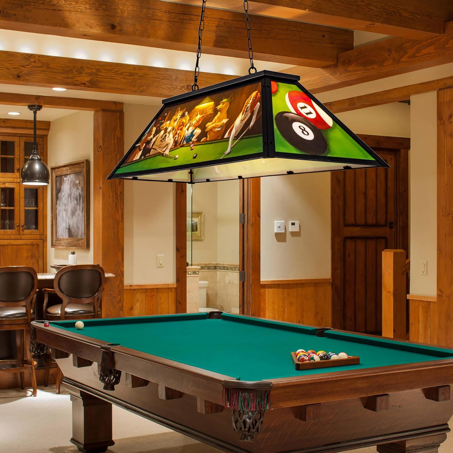 Wellmet Tiffany Pool Table Light, Dogs Playing Billiards Lights for 7' 8' 9' Pool Table, 3 Lights Billiard Fixture Hanging Pendant Lamp for Snooker Table, Cabin, Game Room, Men's Cave, Dining Room