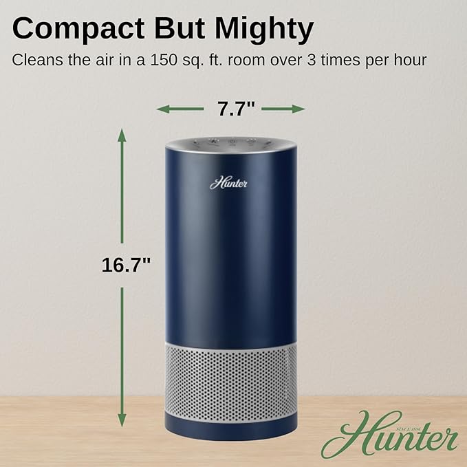 Hunter HP400 Round Air Purifiers for Home, True HEPA Air Purifier Tower for Pets, Odors, Allergens, Smoke, Dust, VOC's. HEPA Air Purifiers for Bedroom and Small Room, Aqua and Silver
