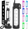 FIT Strong & Healthy 32 oz Glass Water Bottle with Straw Lid, Time Marker, Sleeve & Extra Lid - Motivational, Wide Mouth 1 Liter Glass Drinking Bottle