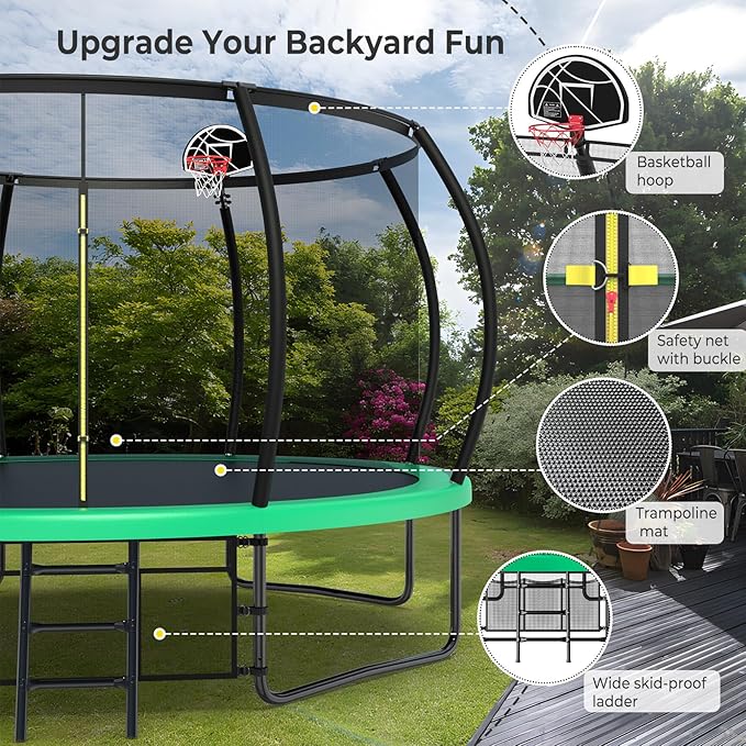 10 12 14 15 16FT Outdoor Trampolines for Kids and Adults, Pumpkin Trampoline with Curved Poles, Recreational Trampoline with Basketball Hoop and Safety Enclosure Net for Kids and Adults-FlexoryFit