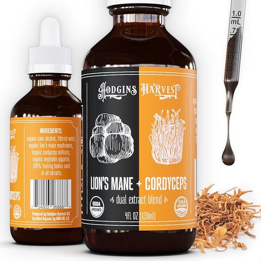 Hodgins Harvest Organic Lion’s Mane + Cordyceps Tincture | Made with Mushrooms Grown On Our Farm in The USA | Dual Extract | Extra-Concentrated (4 fl oz)-FlexoryFit