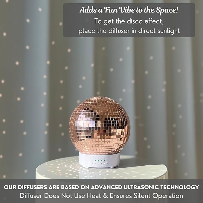 Disco Ball Diffuser Rotating - 300 ML Oil Diffuser Essential Oils, Quiet Oil Diffusers, Night Light and Timer, Disco Ball Table Decor, Plant Room Decor | Aromatherapy Diffuser for Large Room Rose Gold