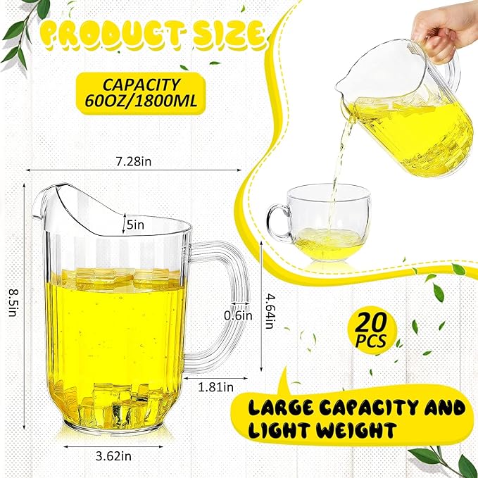 Tessco for you 20 Pcs Plastic Pitchers 60 Ounce Clear Restaurant Jug Large Water Pitcher Carafe Serve Milk Tea Juice Drink for Parties Container Dispenser Beer Jar