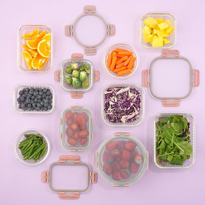JoyJolt 24pc Borosilicate Glass Storage Containers with Lids | 12 Airtight/Freezer Safe Food Storage Containers for Pantry and Kitchen | Meal Prep Container for Lunch | Glass Tupperware Set-FlexoryFit
