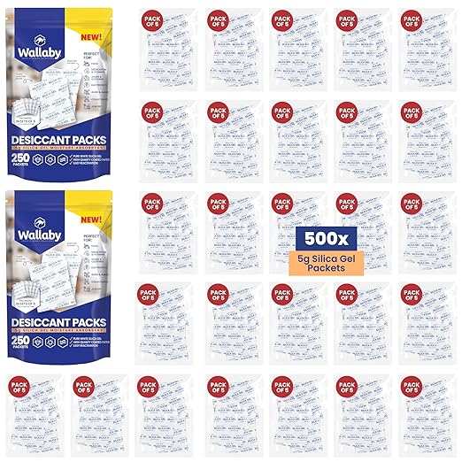 Wallaby 5 gram (500 Packets) Food Safe Pure White Silica Gel Desiccant Dehumidifier Packs - Rechargeable & Coated Moisture Absorbers - Protects Against Moisture Damage - (Packed in 100x Sets of 5)