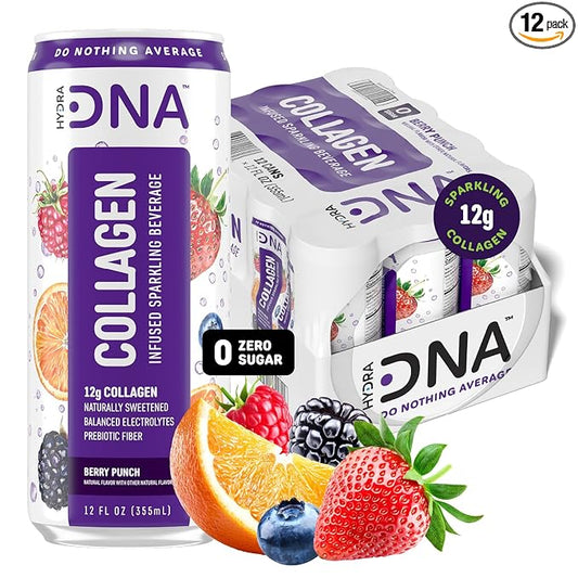 HYDRADNA- Sparkling Liquid Collagen Protein Water Drink Balanced Nutrients for Wellness - Sugar-Free - Keto-Friendly - No Gluten (12 Pack) Berry Punch-FlexoryFit