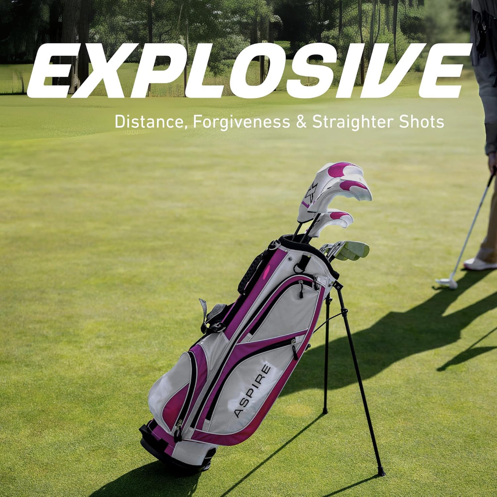 Aspire X1 Womens Golf Clubs Full Set, Includes Driver, Fairway, Hybrid, 6-PW Irons, Putter, Stand Bag, 3 H/C's, Light Graphite Shafts, Golf Clubs Women Right Handed, Purple, Regular or Petite Size