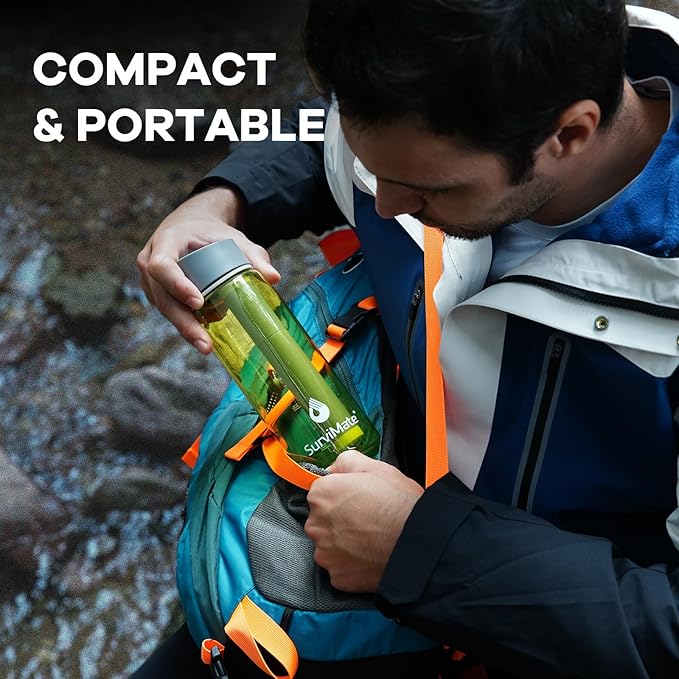 SurviMate 5-Stage 0.01μm Ultra-Filtration Filtered Water Bottle, BPA-Free Material, NSF/ANSI 42&372 Certified, Portable Water Filter Bottle for Survival, Camping, Hiking, and Emergency Use
