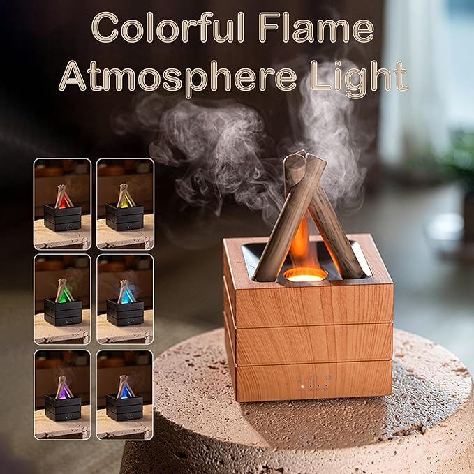 Flames Humidifier Essential Oil Diffuser, Bonfire Essential Oil Scent Diffuser Humidifier, Small USB Desktop Humidifiers with 7 Colors, Campfire Aromatherapy Diffusers for Home & Office (Black)