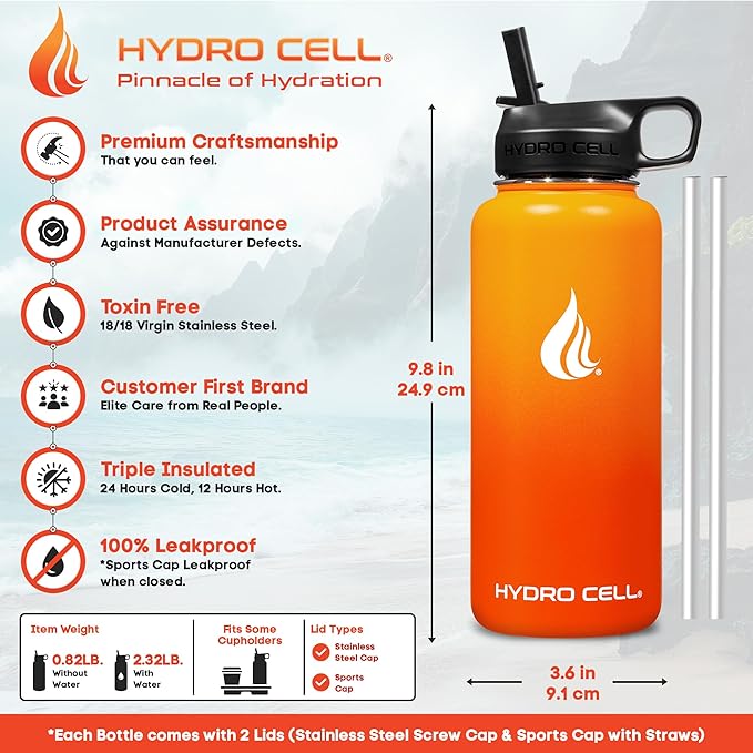 HYDRO CELL Stainless Steel Insulated Water Bottle with Straw - For Cold & Hot Drinks - Metal Vacuum Flask with Screw Cap and Modern Leakproof Sport Thermos for Adults (Red/Orange 32oz)