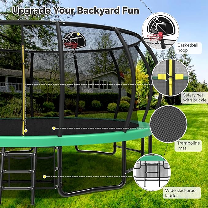10 12 14 15 16FT Outdoor Trampolines for Kids and Adults, Pumpkin Trampoline with Curved Poles, Recreational Trampoline with Basketball Hoop and Safety Enclosure Net for Kids and Adults-FlexoryFit