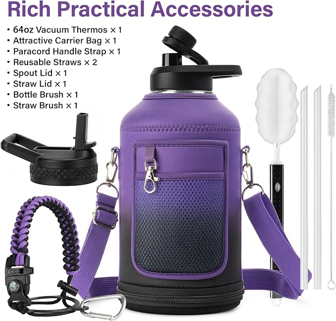 Insulated Water Bottle | Thickened Stainless Steel Vacuum Metal | Portable Sports Half Gallon Large Water Jug for Gym and Hiking with Straw, Carrier Bag, Handle Strap | BPA-Free 64 oz-FlexoryFit