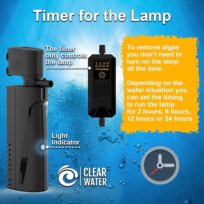 Fish Tank Filter with U - V Light & Timer (3/6/12/24 Hours) for Green Water Cleaning, Aquarium Filter with Aeration Turtle Tank Filter with Pre-Filter Sponge for Tanks 10-40 Gallon