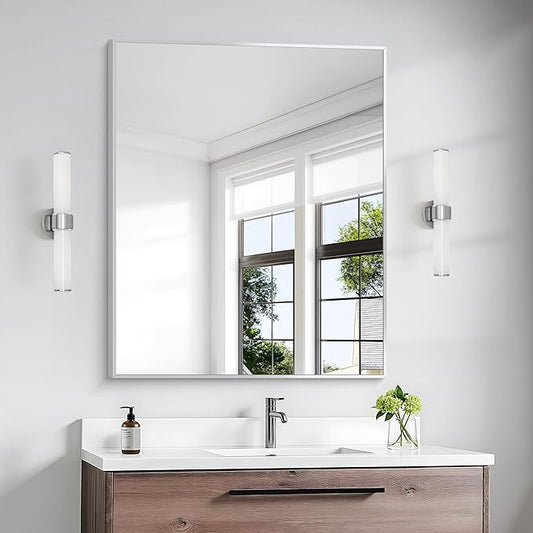 Silver Bathroom Mirror,30x36 inch Wall Mirror for Bathroom Wall Mounted,Rectangle Mirror for Bathroom Over Sink,Modern Metal Frame for Living Room,Bedroom Entryway,Horizontal/Vertical