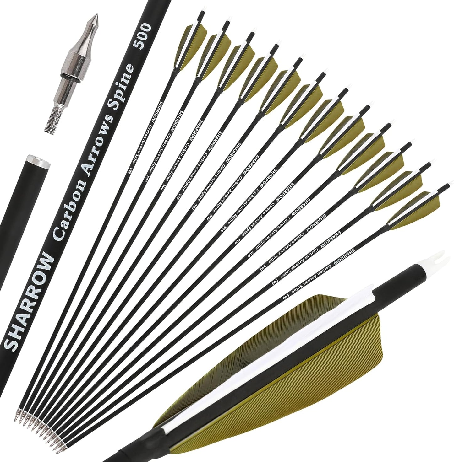 ZSHJGJR 30 Inch Archery Carbon Arrows Hunting Arrows with 4” Turkey Feather Target Practice Arrows Spine 500 for Compound & Recurve &Traditional Bow 6/12pcs