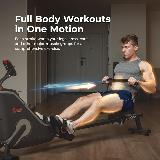 Sunny Health & Fitness Flip & Foldable Rowing Machine for Home w/Extended Slide Rail, Full-Body Workout, Low-Impact, Optional Extra Long Rail, Quiet Rail Cover, Water Motion and Free SunnyFit App-FlexoryFit