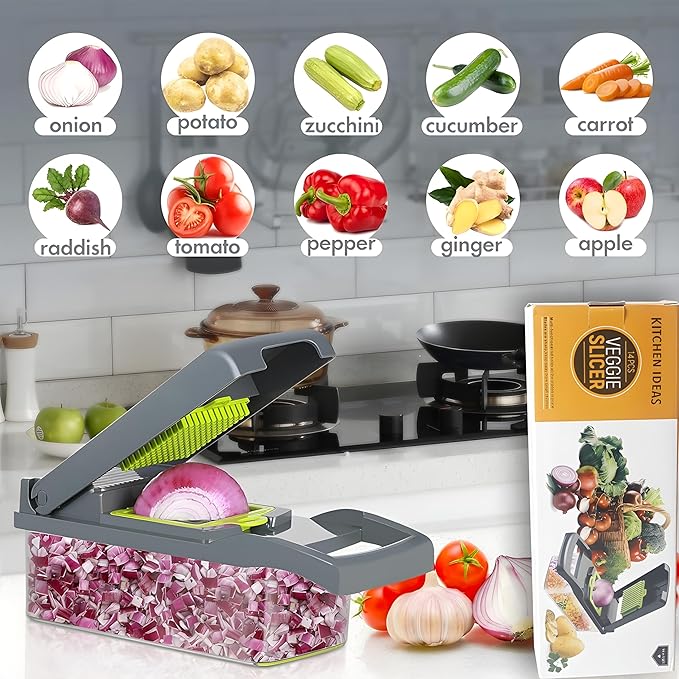 16-in-1 Vegetable Chopper & Slicer | Stainless Steel Mandoline Cutter with Onion Dicer, Grater, Spiralizer, Julienne Blades | Multifunctional & Manual Kitchen Tool I Lightweight & Easy To Use-FlexoryFit