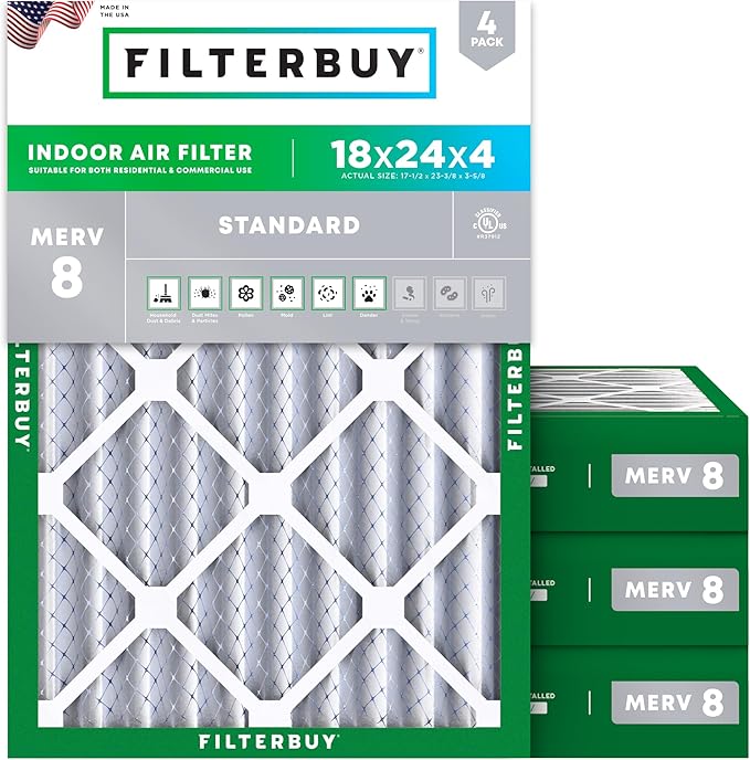 Filterbuy 18x24x4 Air Filter MERV 8 (MPR 700) Dust Defense Replacement (4-Pack), Electrostatic Pleated HVAC AC Furnace Filters, Made in USA (Actual Size: 17.50 x 23.38 x 3.63)