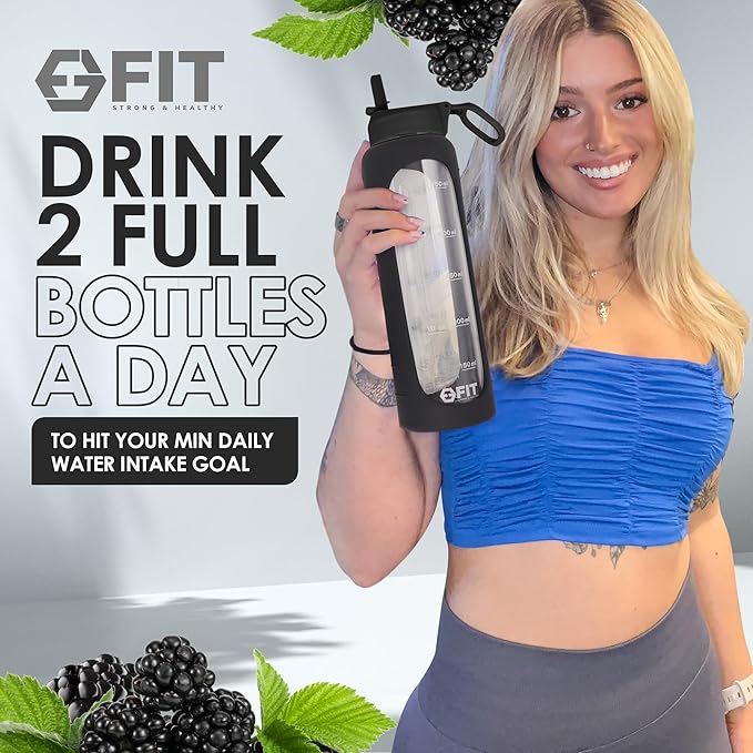 FIT Strong & Healthy 32 oz Glass Water Bottle with Straw Lid, Time Marker, Sleeve & Extra Lid - Motivational, Wide Mouth 1 Liter Glass Drinking Bottle