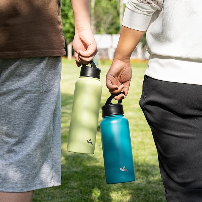 Insulated Water Bottle 24oz Stainless Steel Sport Bottles with 3 Lids,Macaron Green-FlexoryFit