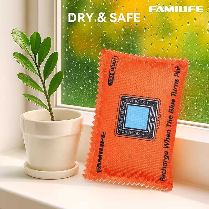 FAMILIFE 100g Rechargeable Desiccant Packs of 6, Reusable Dehumidifier Bags Color Indicating Silica Gel Packets Small Portable Moisture Absorbers for Storage Bins Car Closet Gun Safe Electronics