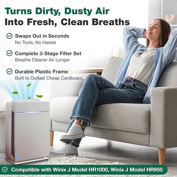 Think Crucial Replacement Air Purifier Filters Compatible with Winix J Models HR950 & HR1000 - Includes 1 Air Purifier Filter & 1 Carbon Filter - Compatible with Part # 117130-2 Pack