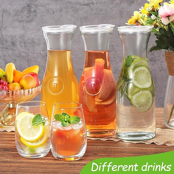 4PSC Glass Carafe with Lid, Premium Clear Water Pitcher Carafe 1 Liter Juice Containers with Lids for Brunch Cold Warm Water Beverage Wine Iced Tea Lemonade, BPA Free Shatter Proof (4)