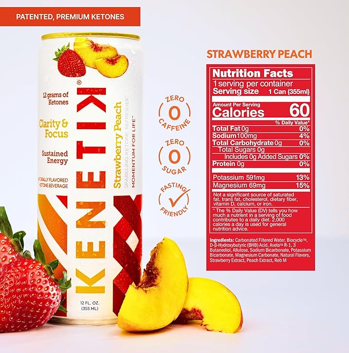 KENETIK Nootropic Ketone Drink, Ketones for Energy & Focus, Caffeine & Sugar Free, High Performance D-BHB Ketone Mix, Fuel w/Zero Crash or Jitters, Ready to Drink - Strawberry Peach 12 Pk-FlexoryFit