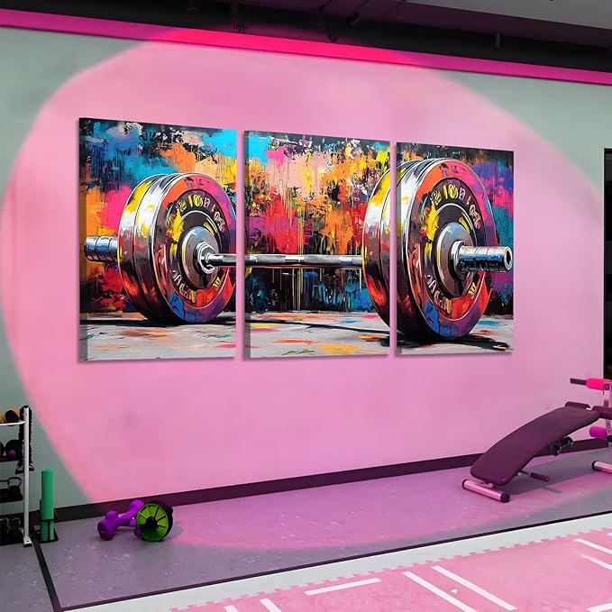 sawjug Gym Barbell Wall Decor, Colorful Graffiti Canvas Wall Art, Gym Motivational Wall Art, Colorful Pictures Wall Decor, Wall Painting for Living Room, Bedroom (12" x 18" x 3 pcs)