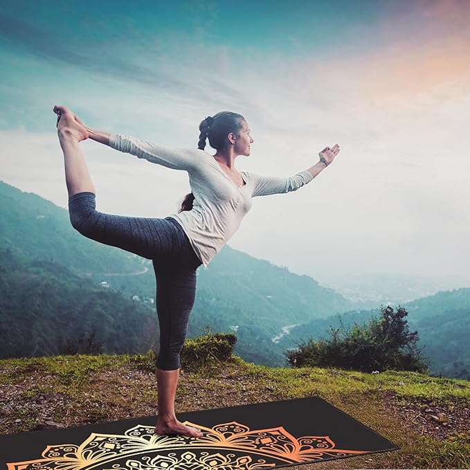 QiyI Yoga Mat Towel with Corner Pockets, Non Slip Sweat Absorbent Hot Yoga Towels, Soft Yoga Blankets with Travel Bag, Skidless Mat Cover for Workout, Gym, Fitness - 70"x26", Luxury Golden Mandala-FlexoryFit
