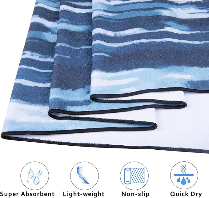 QiyI Yoga Mat Towel with Corner Pockets, Non Slip Sweat Absorbent Hot Yoga Towels, Soft Yoga Blankets with Travel Bag, Skidless Mat Cover for Workout, Gym, Fitness - 70"x26", Blue White Tie Dye-FlexoryFit