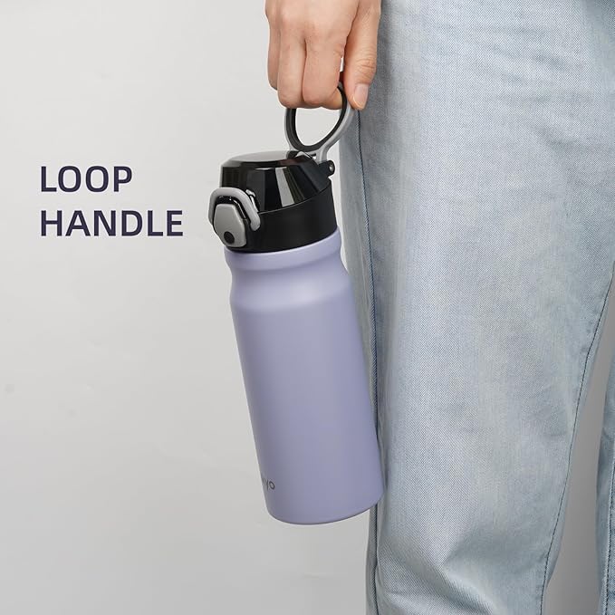 Insulated Water Bottle with Straw and Carry Loop,18 oz Stainless Steel Double Wall Vaccum Metal Water Flask with Leak-proof Lid,Light Purple-FlexoryFit