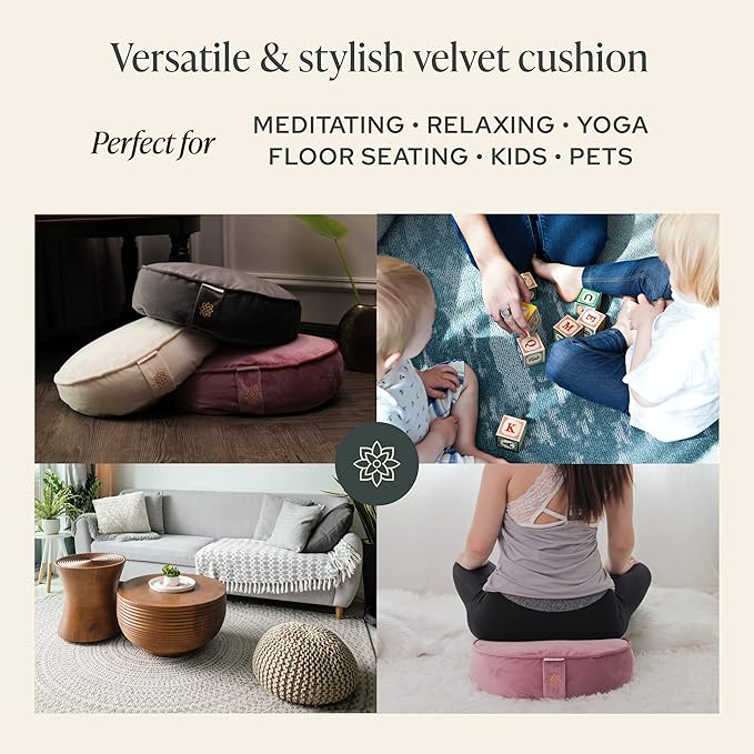 Mindful and Modern Velvet Meditation Cushion - Luxury Zafu Floor Pillow for Yoga - Large Buckwheat Meditation Pillow with Luxe Removable Cover in Six Colors-FlexoryFit