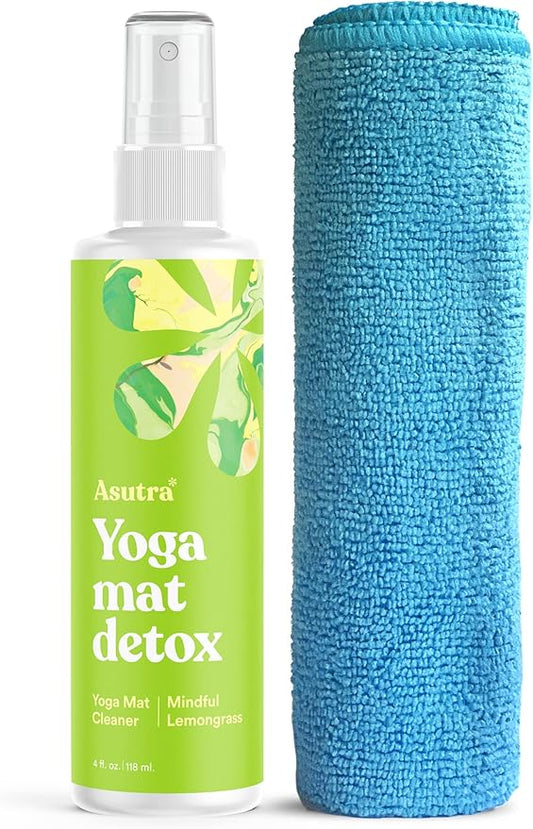 ASUTRA Yoga Mat Cleaner Spray (Mindful Lemongrass), 4 fl oz - No Slippery Residue, Organic Essential Oils Deep-Cleansing for Fitness Gear & Gym Equipment, Microfiber Towel Included-FlexoryFit