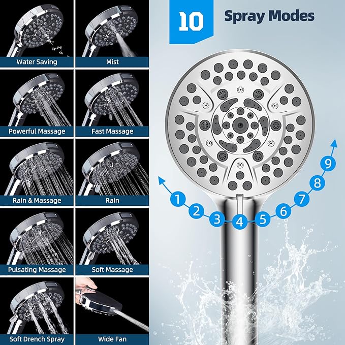 Hibbent 12'' All Metal Shower Head, High Pressure Rainfall Shower Head, Handheld Showerhead Combo, 12'' Adjustable Curved Shower Extension Arm, 10-Spray, 71'' Hose, Adhesive Showerhead Holder, Chrome
