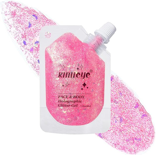 Holographic Face Glitter Gel Body Shimmer Makeup for for Hair, Face, Clavicle, Arm, Nail, Eyeshadow, Long Lasting Waterproof Mermaid Sequins Party Glitter for Rave Festival, 1.35oz (Dazzling Pink #2)-FlexoryFit