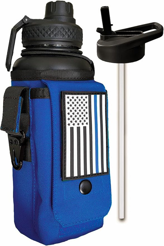 Iron Infidel Battle Bottle - 32 Oz Insulated Water Bottle with Straw Lid & Chug Cap, Stainless Steel Metal Flask Includes Rugged, Removable Sleeve for Keys, Wallet, & Phone (Thin Blue Line 1 Liter)-FlexoryFit